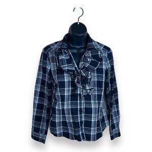 PETITE MEDIUM SPENSE BLACK WHITE PLAID RUFFLE BLOUSE ACADEMIA PREPPY LONG SLEEVE